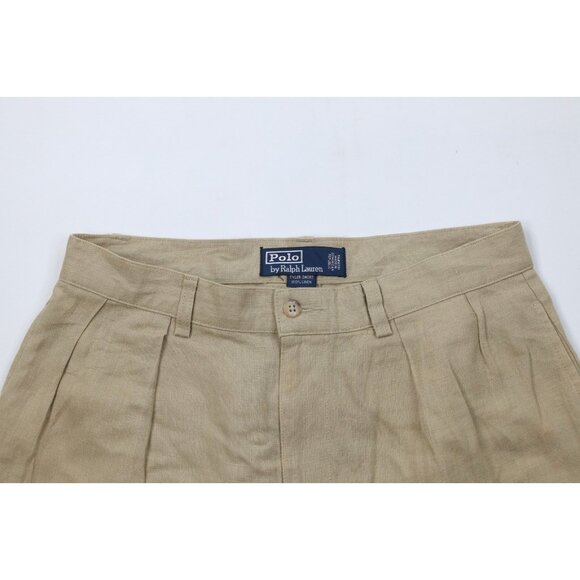 Vintage 90s Ralph Lauren Mens 32 Distressed Linen Above Knee Chino Shorts Beige - Picture 2 of 16